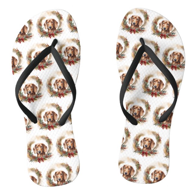 Dachshund Christmas Wreath Festive Pup  Flip Flops (Footbed)