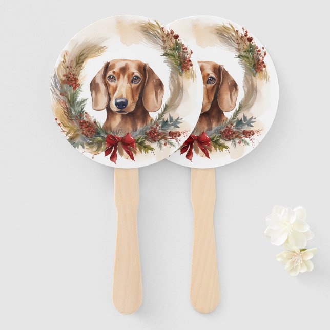 Dachshund Christmas Wreath Festive Pup  Hand Fan (Front and Back)