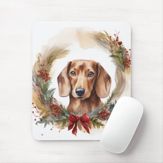 Dachshund Christmas Wreath Festive Pup  Mouse Mat (With Mouse)