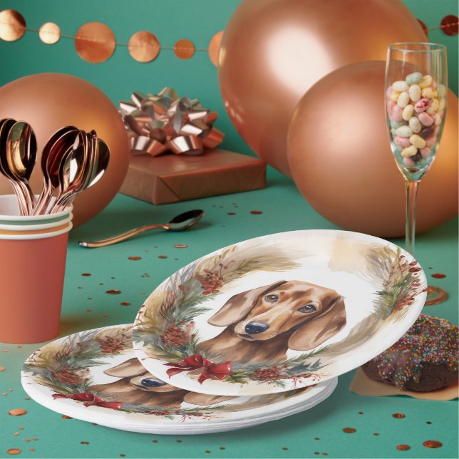 Dachshund Christmas Wreath Festive Pup  Paper Plate (Multi)
