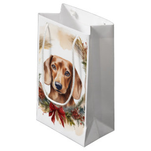 Dachshund Christmas Wreath Festive Pup  Small Gift Bag