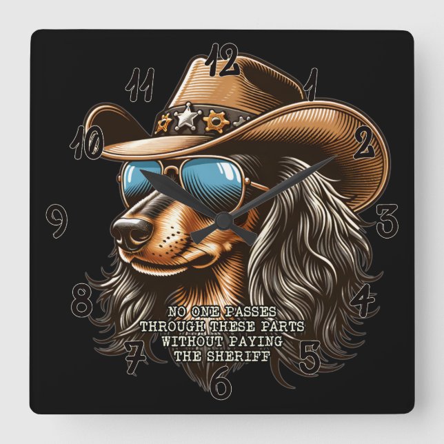 Dachshund Clock – Cowboy Sheriff Dog Decor (Front)