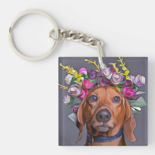 Dachshund Close Up Of Dachshund Wearing Flowers Key Ring