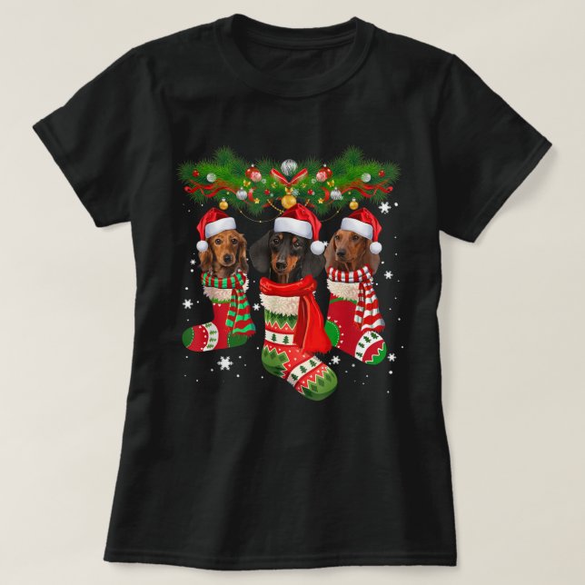 Dachshund Cute In Socks Christmas Santa Hat Xmas D T-Shirt (Design Front)