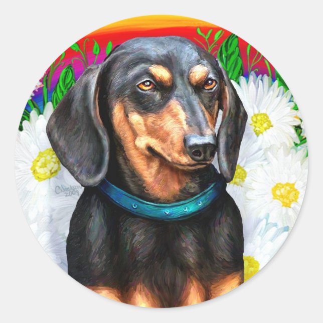 Dachshund Daisy Patch B&T Classic Round Sticker (Front)