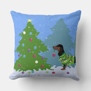 Dachshund Decorating Christmas Tree in forest Cushion