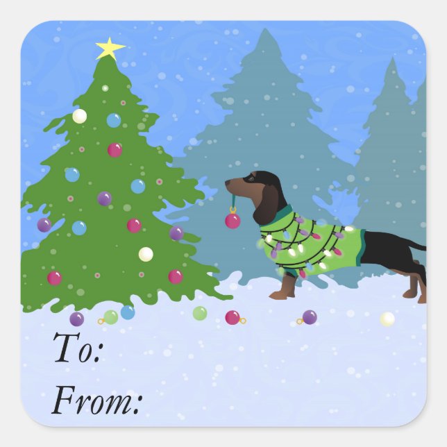 Dachshund Decorating Christmas Tree in forest Square Sticker (Front)