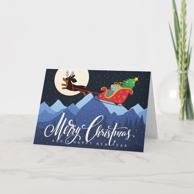 Dachshund Deer Sleigh Mountain Moon Snow Xmas  Holiday Card (Front)