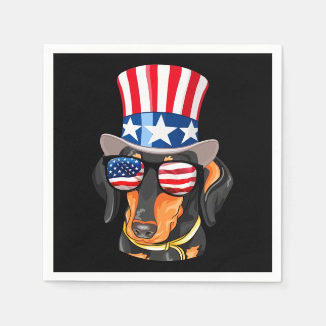 Dachshund Dog American Flag Hat Glasses Napkin (Front)