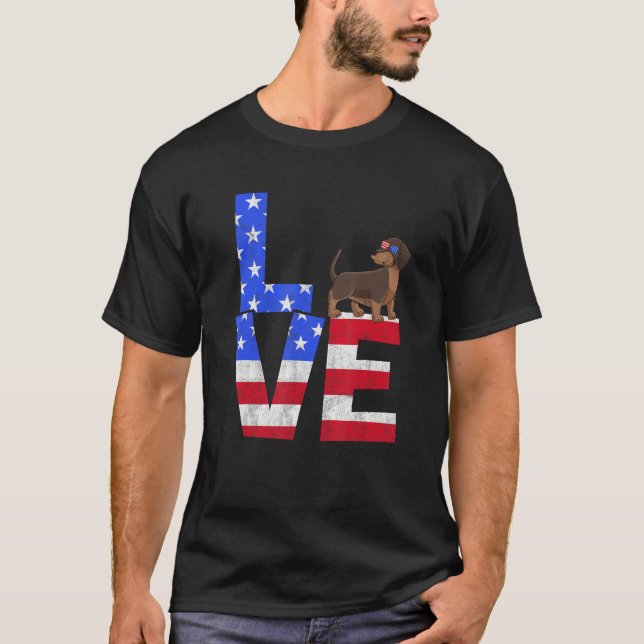 Dachshund Dog American Flag Sunglasses 4th of July T-Shirt (Front)
