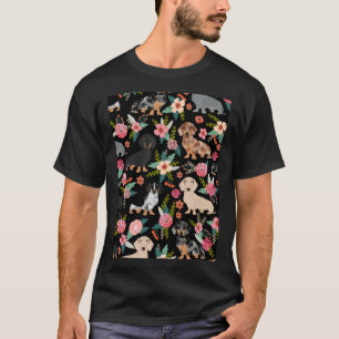 Dachshund Dog Art With Flowers T-Shirt