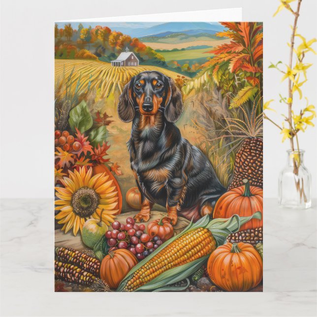Dachshund Dog Autumn Harvest Thanksgiving Card (Yellow Flower)