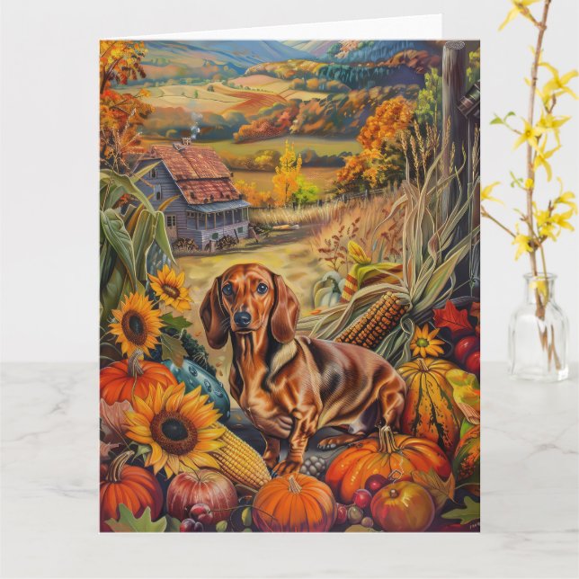 Dachshund Dog Autumn Harvest Thanksgiving Card (Yellow Flower)