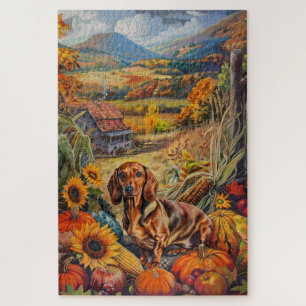 Dachshund Dog Autumn Harvest Thanksgiving Jigsaw Puzzle