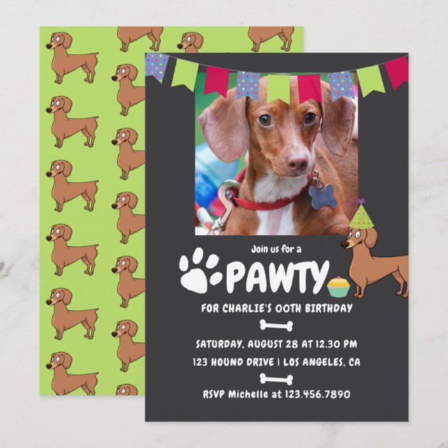 Dachshund Dog Birthday photo invitation (Front/Back)