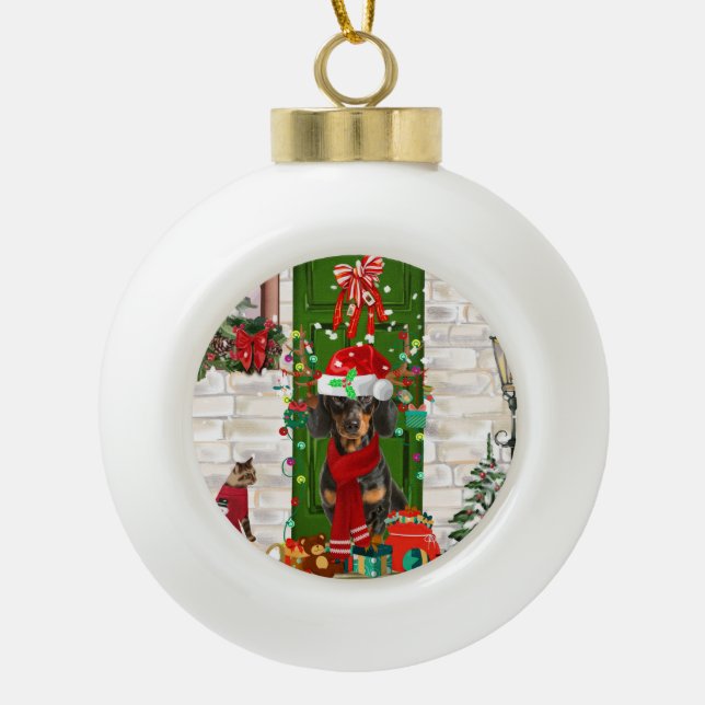 Dachshund Dog Christmas  Ceramic Ball Christmas Ornament (Front)