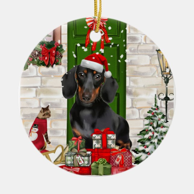 Dachshund Dog Christmas   Ceramic Tree Decoration (Front)