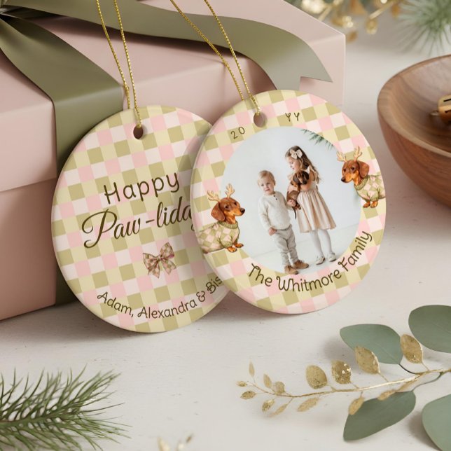 Dachshund Dog Christmas Chequered Sweater Photo Ceramic Tree Decoration (Dachshund Dog Christmas Checkered Sweater Photo Ceramic Ornament)