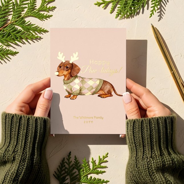 Dachshund Dog Christmas Chequered Sweater Photo Foil Holiday Card (Dachshund Dog Christmas Checkered Sweater Photo Foil Holiday Card)