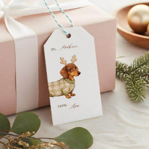 Dachshund Dog Christmas Chequered Sweater Photo Gift Tags