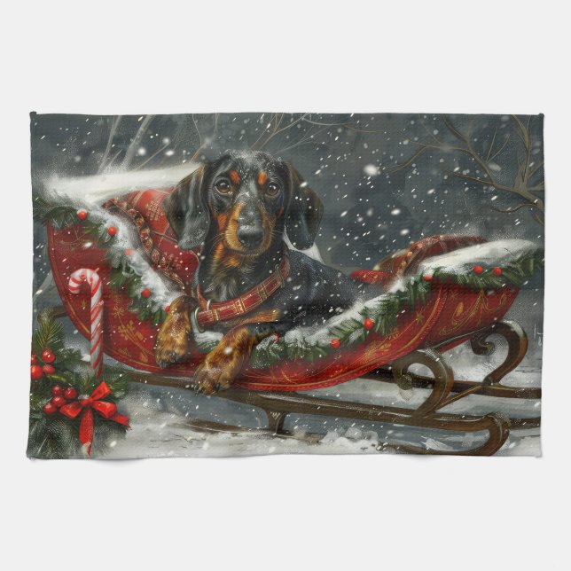 Dachshund Dog Christmas Festive  Tea Towel (Horizontal)