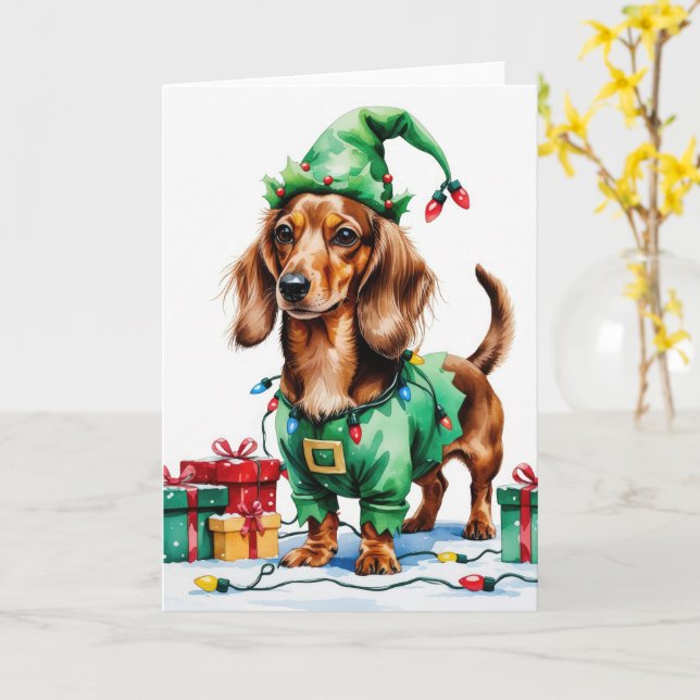 Dachshund Dog Christmas Greeting Card (Yellow Flower)