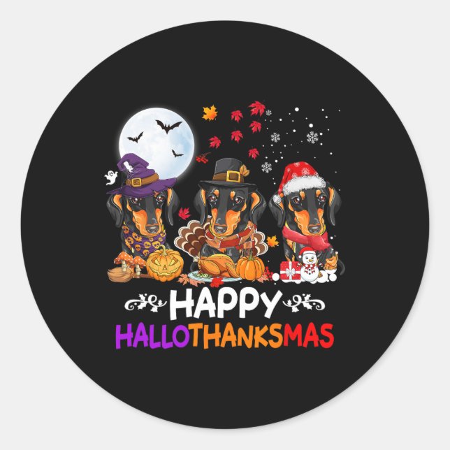 Dachshund Dog Christmas Happy Hallothankmas Thanks Classic Round Sticker (Front)