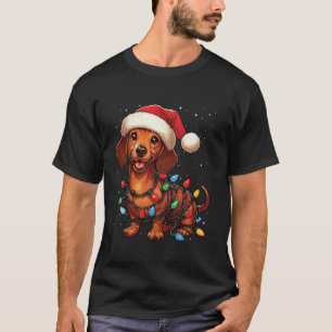 Dachshund Dog Christmas Lights Santa Hat Xmas Snow T-Shirt