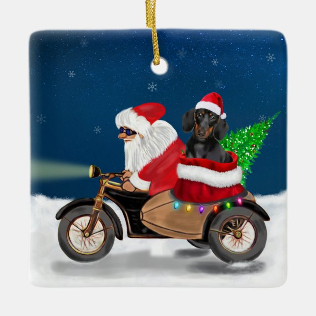 Dachshund Dog Christmas Santa Claus Ceramic Ornament (Front)