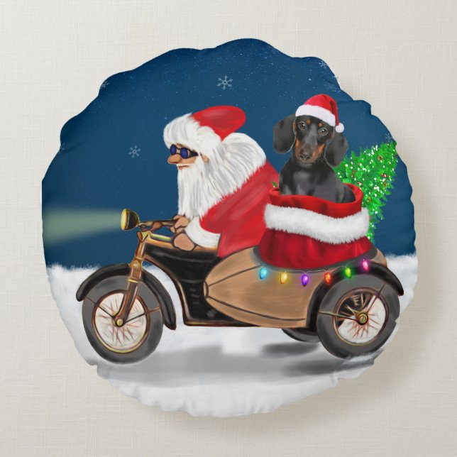 Dachshund Dog Christmas Santa Claus Round Cushion (Back)