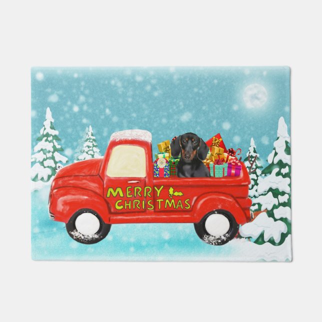 Dachshund Dog Christmas Santa Delivery Truck Doormat (Front)