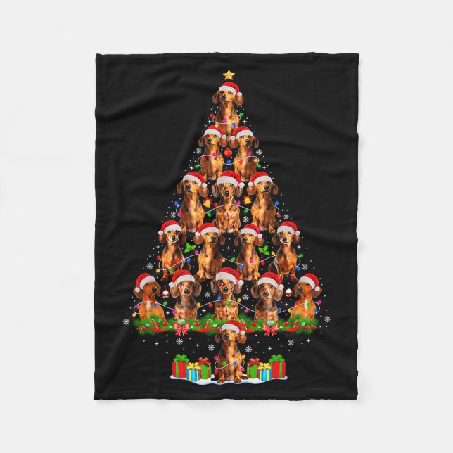 Dachshund Dog Christmas Tree Lights Funny Xmas Dog Fleece Blanket (Front)