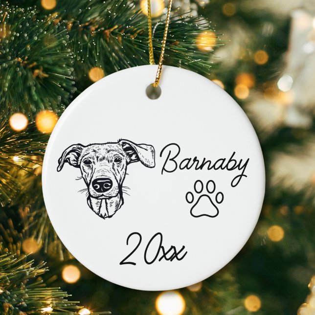 Dachshund Dog Custom Name & Year Line Art Ceramic Tree Decoration (Dachshund Dog Custom Name and Year Ornament with Paw Print. Black and White Line Art Modern)