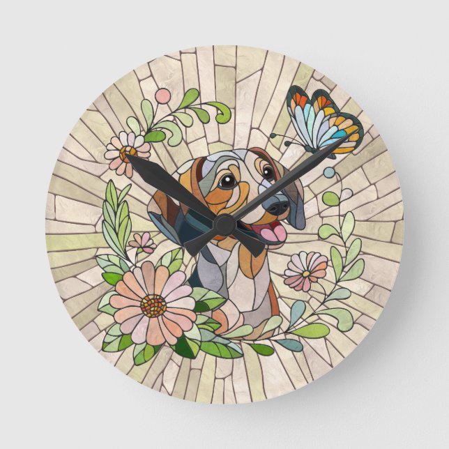 Dachshund dog  - Doxie -colourful mosaic Round Clock (Front)