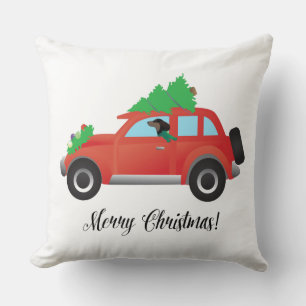 Dachshund Dog Driving Car - Christmas Tree on Top Cushion