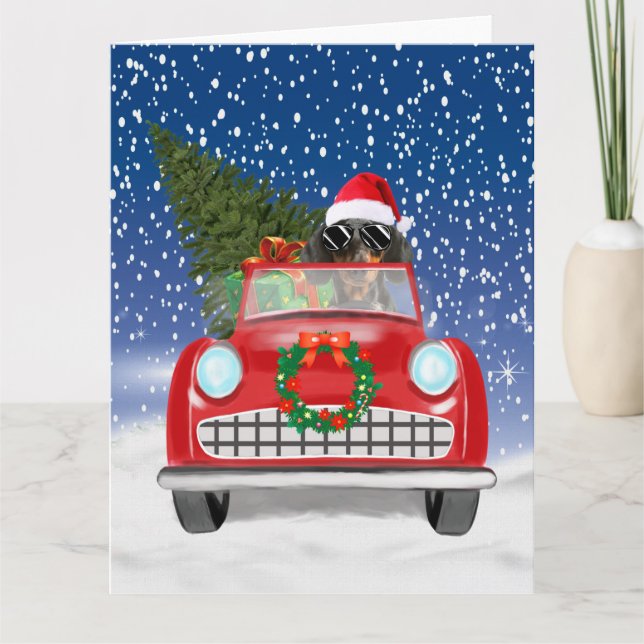 Dachshund Dog Driving Car In Snow Christmas  Card (Front)