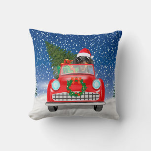 Dachshund Dog Driving Car In Snow Christmas Cushion