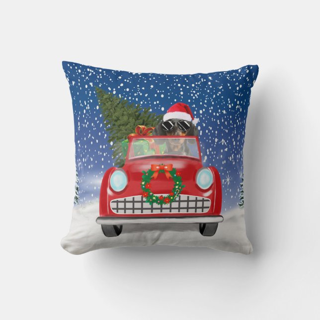 Dachshund Dog Driving Car In Snow Christmas Cushion (Front)