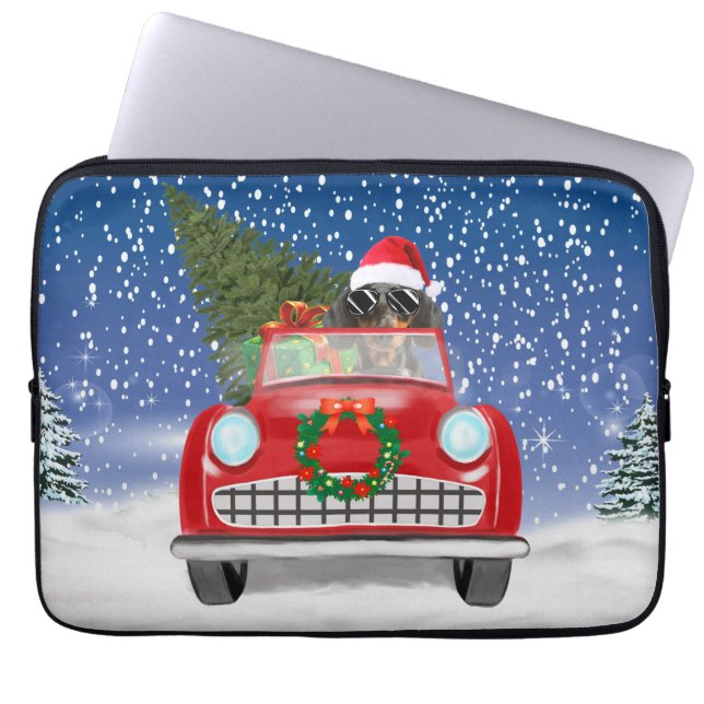 Dachshund Dog Driving Car In Snow Christmas  Laptop Sleeve (Front)