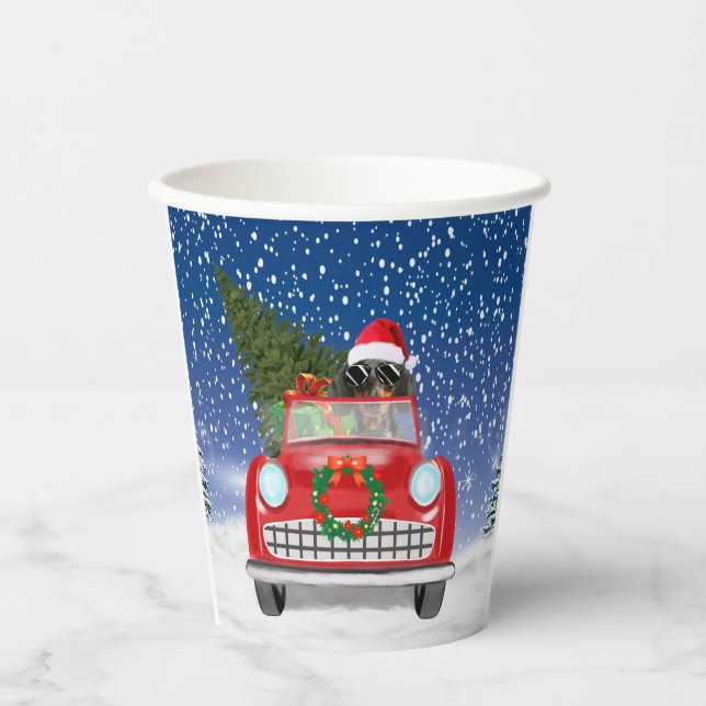 Dachshund Dog Driving Car In Snow Christmas  Paper Cups (Front)