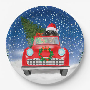 Dachshund Dog Driving Car In Snow Christmas Paper Plate