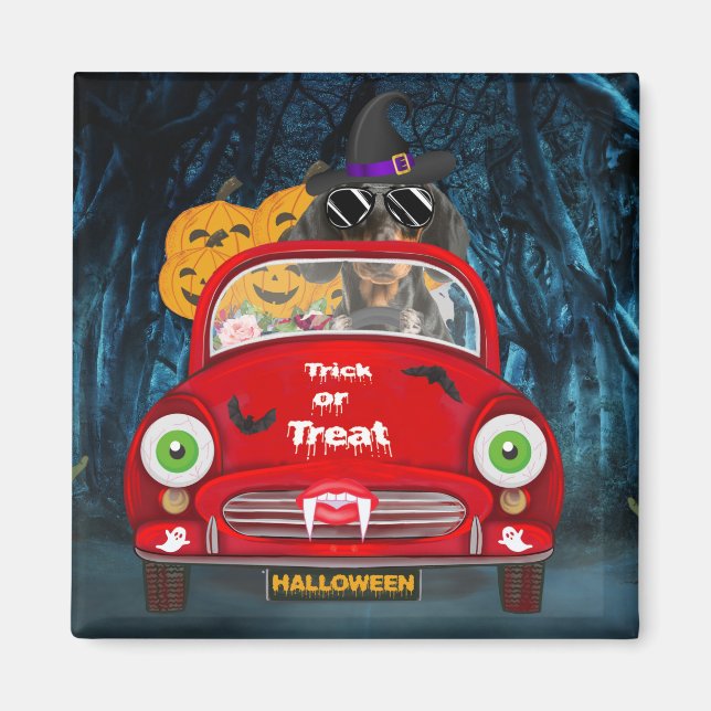 Dachshund Dog Driving Car Scary Halloween Magnet (Front)