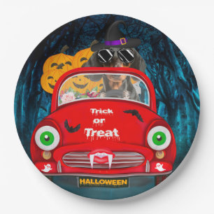 Dachshund Dog Driving Car Scary Halloween  Paper Plate