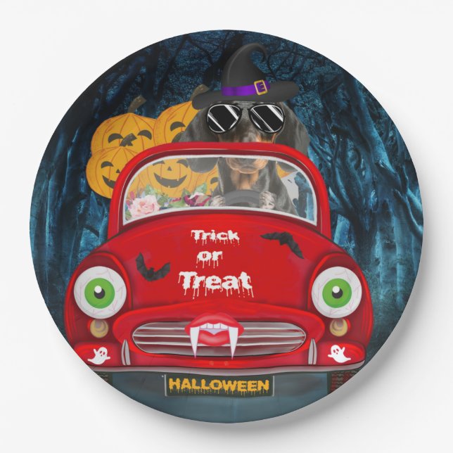 Dachshund Dog Driving Car Scary Halloween  Paper Plate (Front)