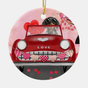 Dachshund Dog Driving Car with Hearts Valentine's Ceramic Tree Decoration