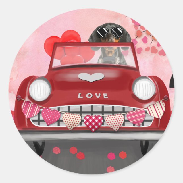 Dachshund Dog Driving Car with Hearts Valentine's  Classic Round Sticker (Front)