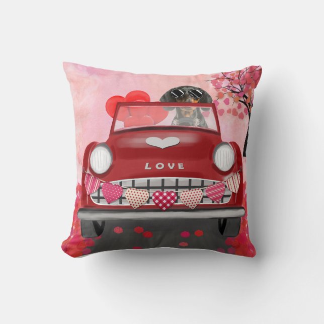 Dachshund Dog Driving Car with Hearts Valentine's Cushion (Front)