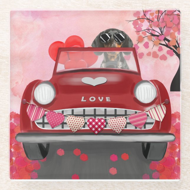 Dachshund Dog Driving Car with Hearts Valentine's  Glass Coaster (Front)
