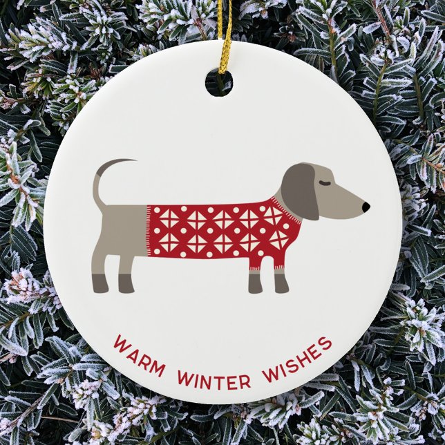 Dachshund Dog Fun  Ceramic Tree Decoration (Ceramic ornament featuring festive Dachshund Sausage Wiener Dog in red and white knitwear)