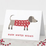 Dachshund Dog Fun  Holiday Card<br><div class="desc">Cute and adorable Dachshund Sausage or Wiener dog in a festive red and white knitted sweater.  Change the names and the greeting to personalise.  Original art by Nic Squirrell.</div>